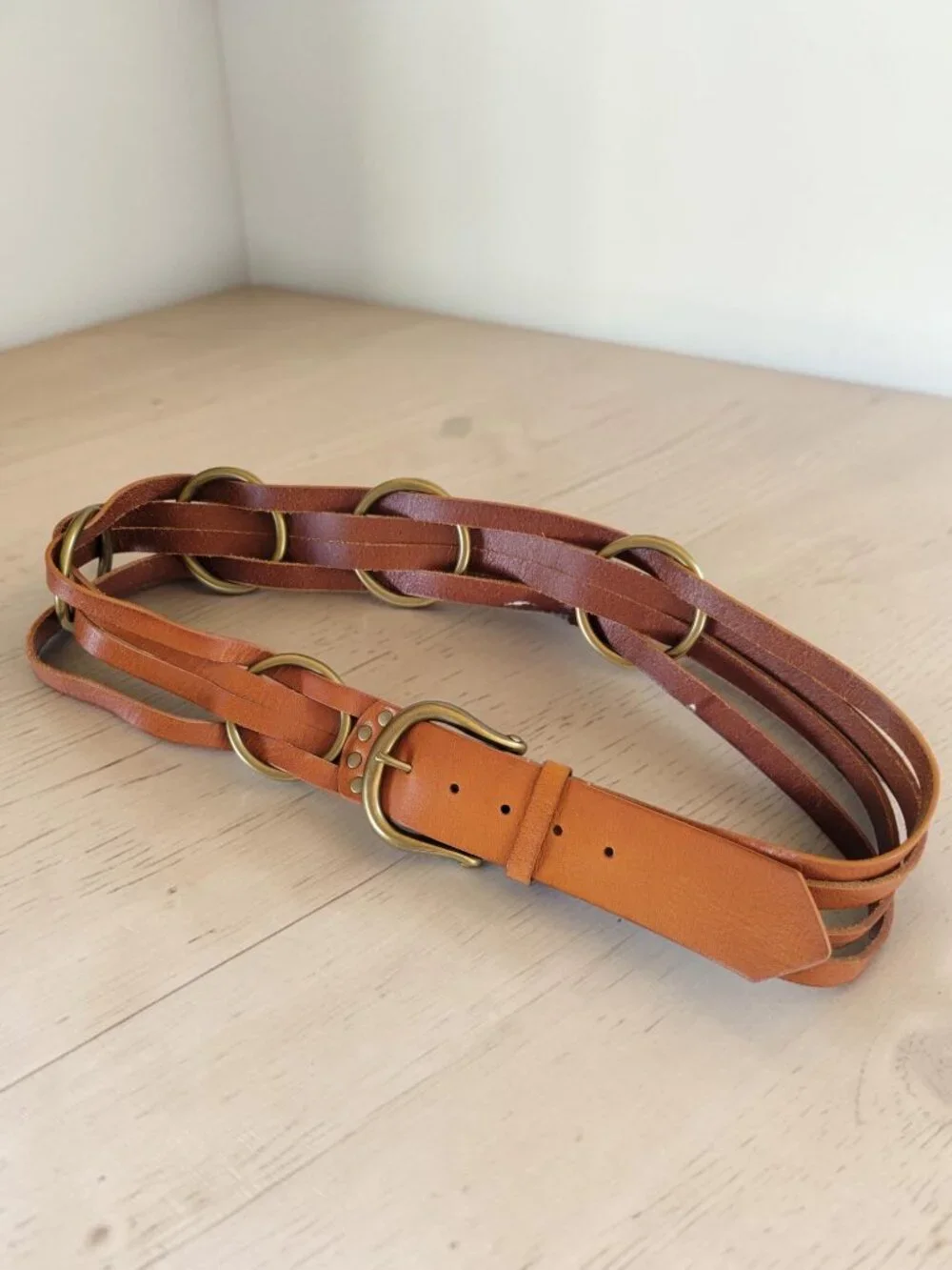 Boho Wide Multi-Strand Leather O-Ring Belt Cognac Brown Brass Hippie Chic